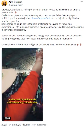 Aida Quilcué reafirmó la defensa territorial y anunció acciones desde el Congreso - crédito @aida_quilcue/X
