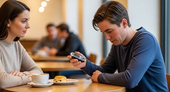 Un hombre joven de pelo oscuro sentado en una mesa de café sostiene un glucómetro. Una mujer de pelo largo y oscuro está sentada frente a él. Hay una taza de café y un bollo en la mesa.