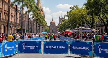 Calle concurrida en Guadalajara con barreras azules del Mundial FIFA 2026, gente y edificios históricos. Palmas y cielo azul visible.