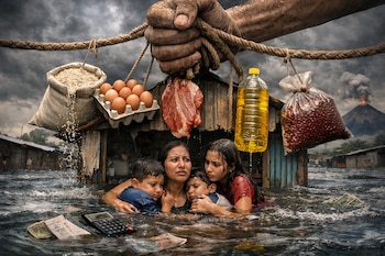 Familia (madre y tres hijos) en agua frente a casa inundada. Una mano gigante sostiene alimentos básicos caros: arroz, frijoles, huevos, carne, aceite. Volcán en erupción al fondo.