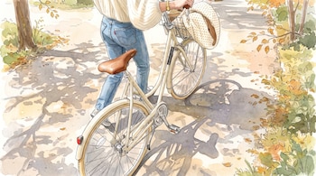Persona empuja una bicicleta clásica con canasta en un sendero arbolado con hojas secas y sombras. Estilo de ilustración en acuarela.