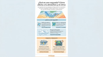 Infografía vertical que describe una vaguada con texto e íconos: definición, representación en mapas, características, efectos en el clima e importancia.