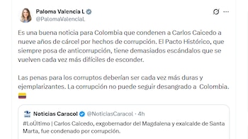 Paloma Valencia respaldó la decisión judicial contra Carlos Caicedo y pidió castigos más severos para los responsables de delitos contra la administración pública - crédito @PalomaValenciaL/X