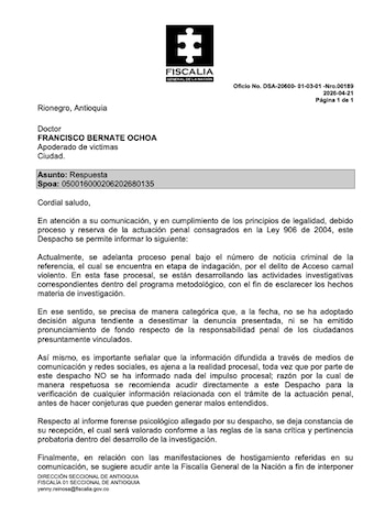 Respuesta oficial de la Fiscalía sobre el caso de Nicolás Rodríguez, jugador de Atlético Nacional - crédito Fiscalía