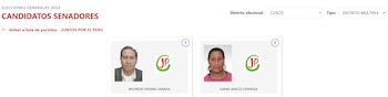 Captura de pantalla con fotos de Wilfredo Verano Saravia y Juana Jancco Espinoza, candidatos al Senado por Cusco, junto al logo de Juntos por el Perú y texto de Elecciones 2026