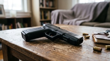 Pistola negra y casquillos de bala sobre una mesa de madera desgastada junto a una libreta y llaves en una habitación.
