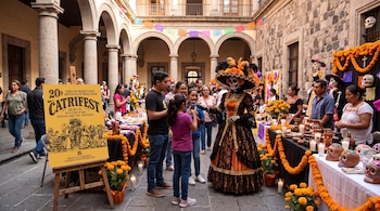 Patio con arcos donde personas observan a una figura de Catrina junto a puestos con flores de cempasúchil, artesanías y un cartel informativo