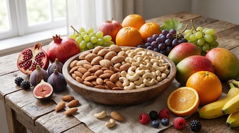Bodegón de un cuenco de madera con almendras y marañones, rodeado de granadas, higos, uvas, manzanas, naranjas, mangos, plátanos y bayas sobre una mesa de madera junto a una ventana.