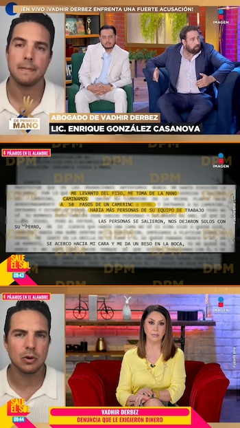 Capturas de pantalla de un noticiero muestran a Vadhir Derbez, su abogado y una presentadora de televisión, junto a un documento con texto resaltado sobre una acusación