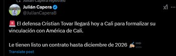 El defensor central llegaría a aportar su experiencia en el cuadro vallecaucano-crédito @JulianCaperaB/X