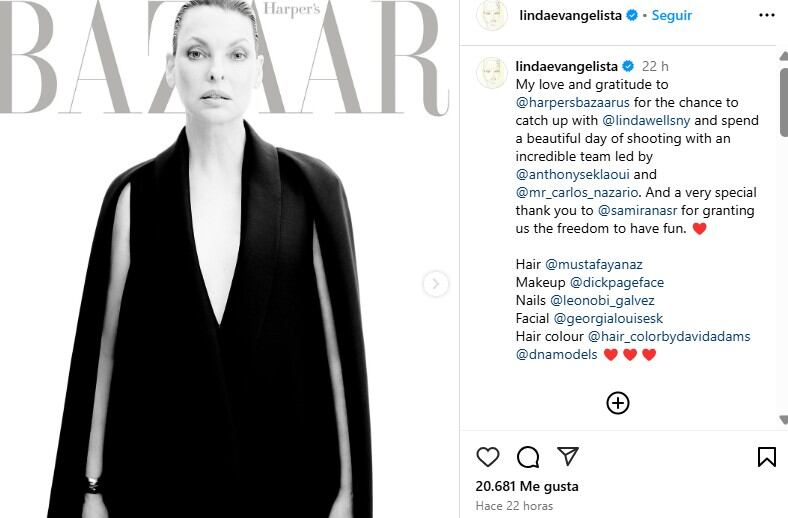 La modelo confesó que todavía evita mirarse al espejo por el rechazo que siente hacia su reflejo (Captura: Instagram/lindaevangelista)