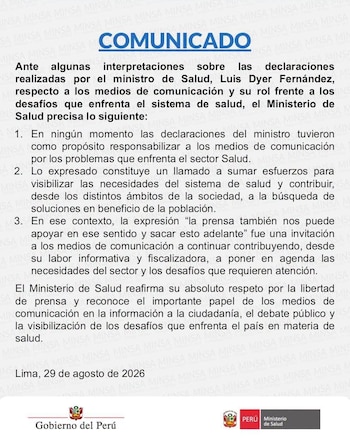 Comunicado oficial del Ministerio de Salud del Perú sobre fondo claro con logotipos institucionales del Gobierno del Perú en la parte inferior