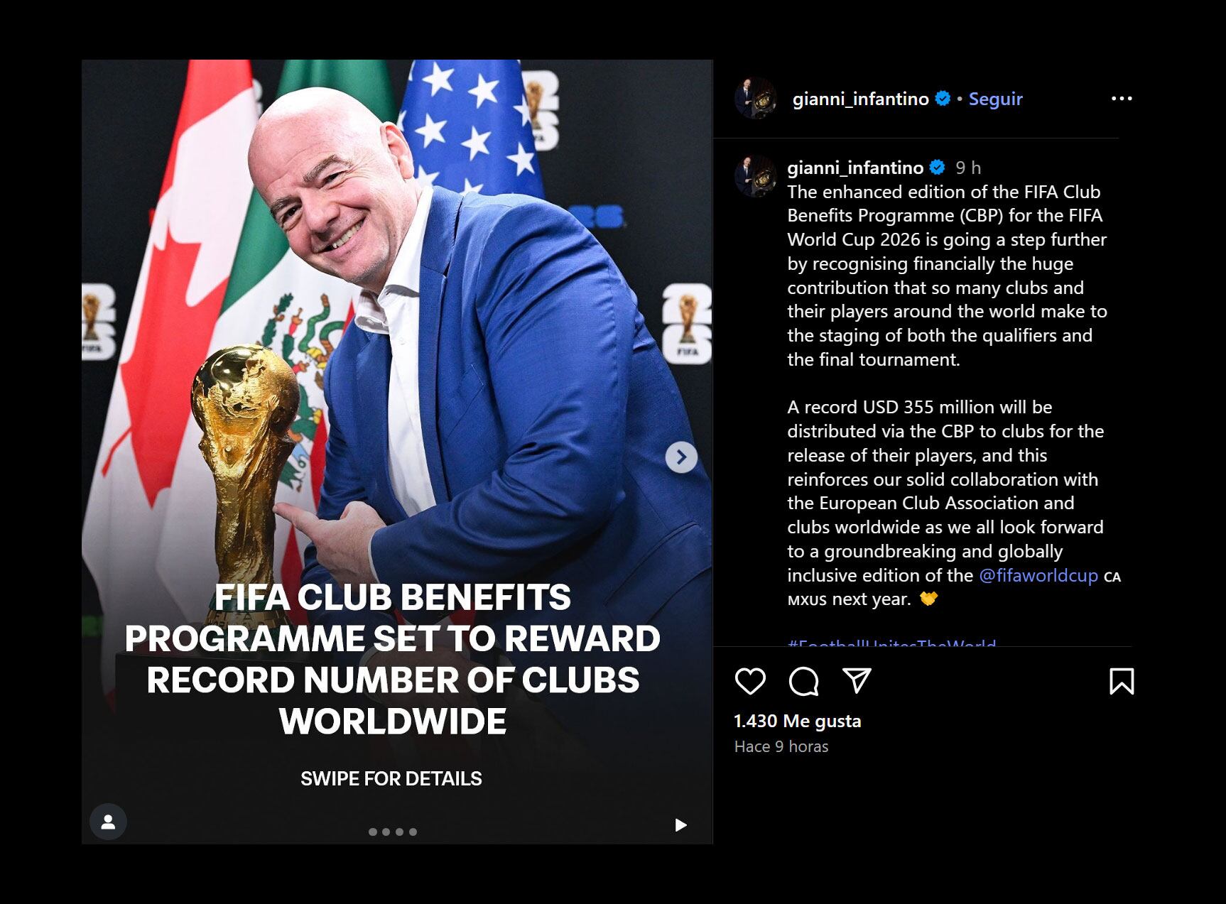 Infantino celebró en sus redes sociales el mayor pago a los clubes (@gianni_infantino)