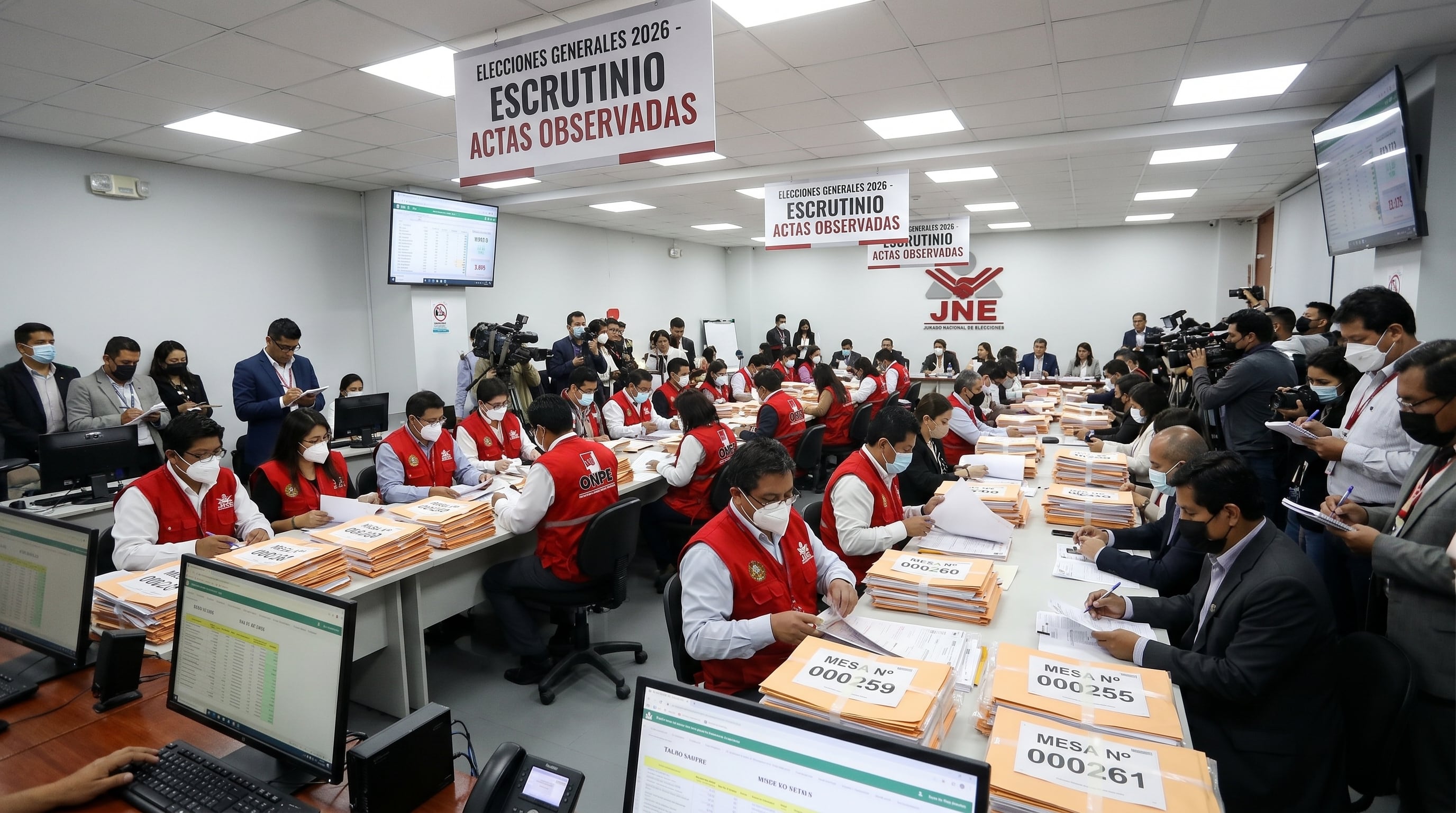 Funcionarios del Jurado Nacional de Elecciones y ONPE realizan el escrutinio de actas observadas en el marco de las Elecciones Generales 2026, con pilas de documentos y monitores presentes. (Imagen Ilustrativa Infobae)