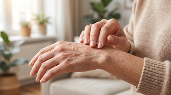Primer plano de manos y antebrazos de una mujer con piel seca, descamación fina, textura áspera y pequeñas grietas superficiales. Se observa una mano acariciando el antebrazo.