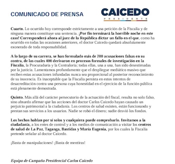 Según el comunicado, los señalamientos contra Caicedo responden a una estrategia institucional que se activa en momentos sensibles de campaña - crédito prensa Carlos Caicedo