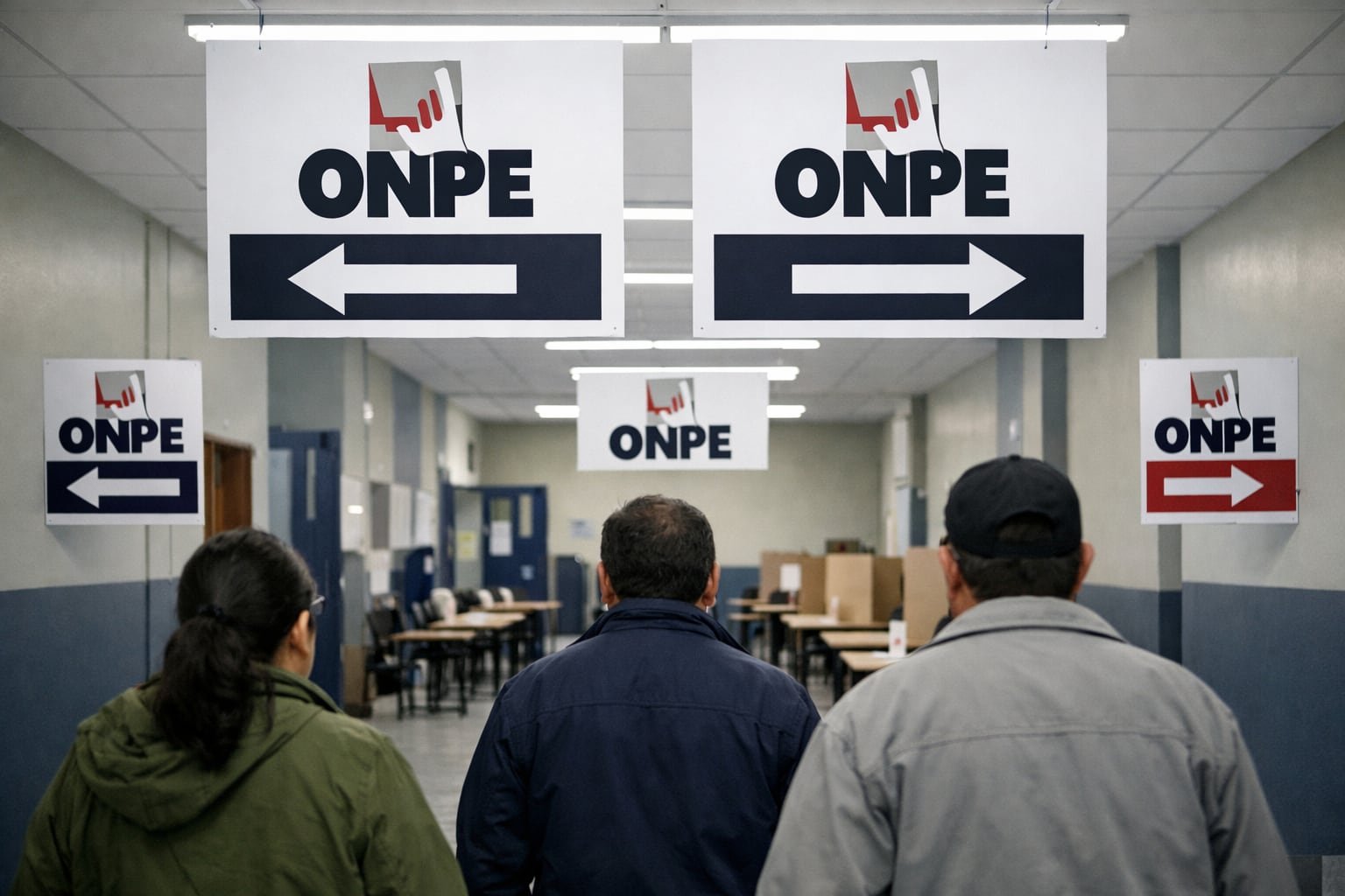 La Oficina Nacional de Procesos Electorales (ONPE) instala señalética institucional con flechas indicadoras en un colegio adaptado como centro de votación para guiar a los electores en un ambiente de preparación ordenada. (Imagen Ilustrativa Infobae)