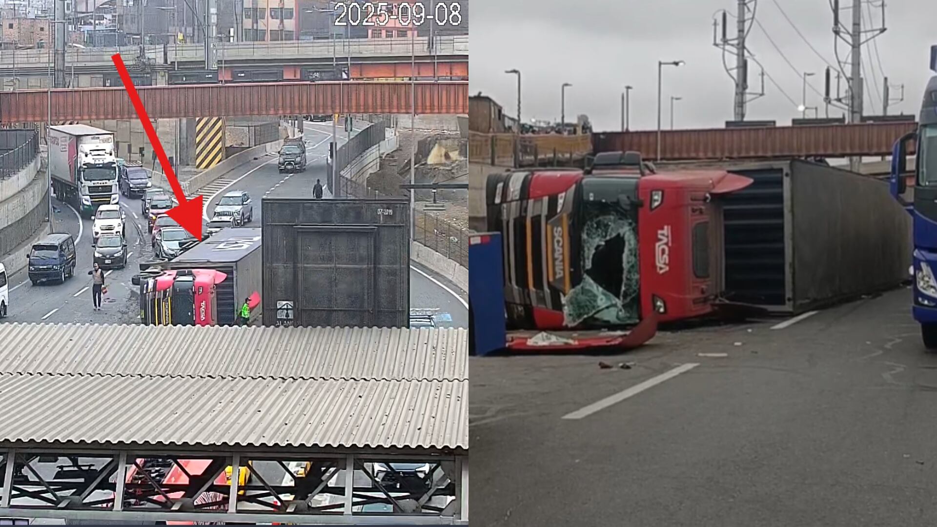 Tráiler de placa BZI-944 que transportaba cajas de aceite vegetal volcó en el acceso al puente Caquetá, en la vía Línea Amarilla, dirección hacia Lima. (Composición: Infobae / capturas de pantalla)