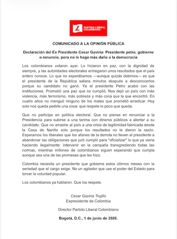 El Partido Liberal se opuso a la interferencia democrática que hace el presidente Gustavo Petro - crédito @PartidoLiberal/X