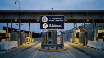 Una garita de cruce fronterizo con un letrero de U.S. Customs and Border Protection, barreras, cámaras de seguridad, cabinas de inspección y carriles vehiculares.