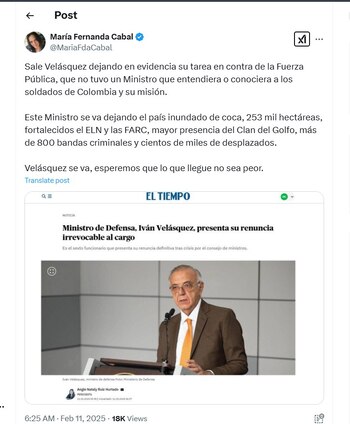 María Fernanda Cabal criticó al ministro de Defensa por su gestión en la cartera - crédito @MariaFdaCabal