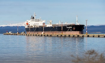 Un gran buque de carga negro y blanco llamado VS Promise amarrado a un muelle largo en el agua frente a montañas nevadas