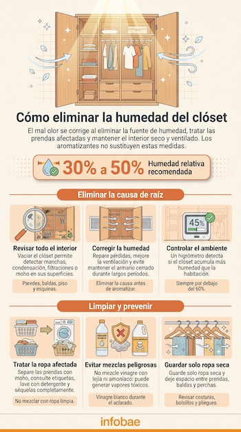 Infografía con ilustraciones de un armario abierto, productos de limpieza y recomendaciones para prevenir la humedad.