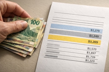 Mano sosteniendo billetes de 100 soles peruanos junto a un recibo blanco con líneas negras y montos numéricos resaltados en azul, gris y amarillo.