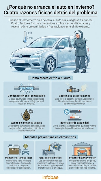 Infografía con un auto congelado y una persona tiritando. Detalla las razones (condensación, gasolina, aceite, batería) y medidas preventivas para el frío.