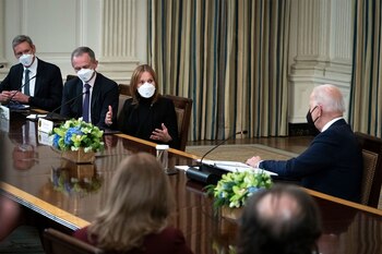 Mary Barra speaks during a meeting with President Joe Biden at the White House on Jan. 26, 2022.