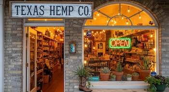Fachada de la tienda Texas Hemp Co. con un letrero de madera, puerta abierta, un gran ventanal con luces y un cartel de neón "OPEN". Plantas en macetas decoran la ventana.