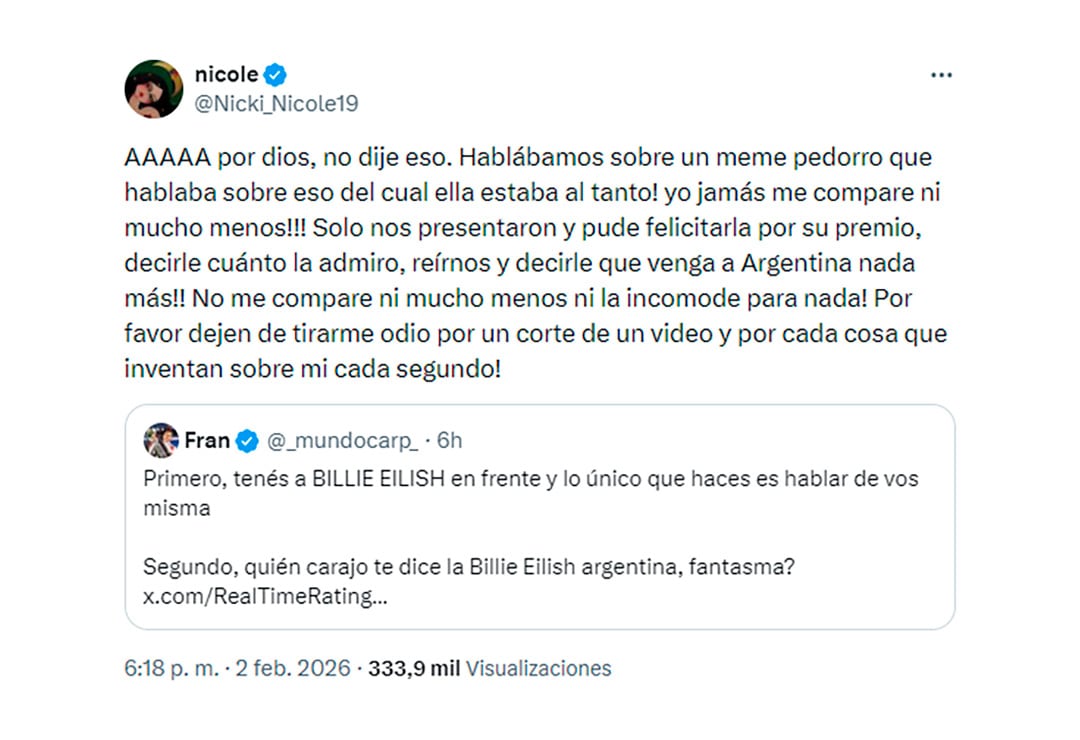 Nicki Nicole utilizó su cuenta de X para pedir respeto y limitar los ataques personales derivados de su participación en la gala musical estadounidense