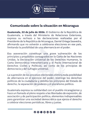 Un documento oficial del Ministerio de Relaciones Exteriores de Guatemala con el escudo nacional y el título Comunicado sobre la situación en Nicaragua. Incluye texto