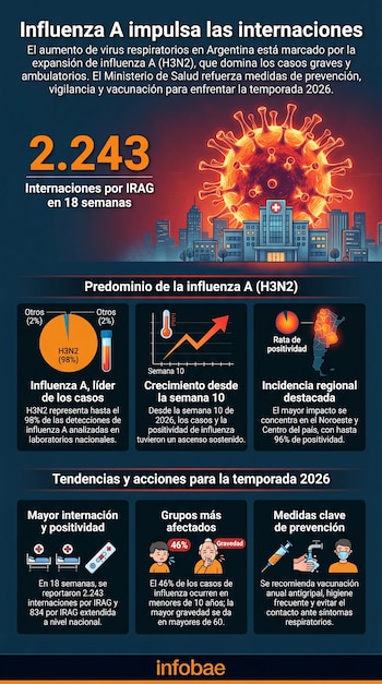 Infografía sobre Influenza A en Argentina, con imagen de un virus, hospital, ciudad, datos de casos e internaciones, y recomendaciones de prevención.