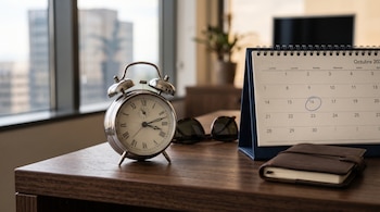 Reloj despertador metálico, calendario de sobremesa con una fecha marcada, gafas de sol y libreta de cuero sobre un escritorio de madera.