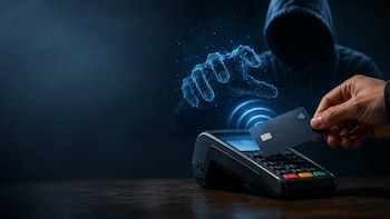Una mano acerca una tarjeta de crédito sin contacto a un terminal de punto de venta; una figura oscura y una mano digital translúcida flotan detrás