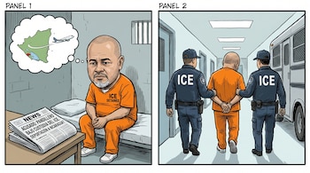 Caricatura de dos paneles: En el primero, un detenido de ICE en celda con un periódico y pensando en Nicaragua; en el segundo, dos oficiales de ICE escoltan a un detenido esposado.