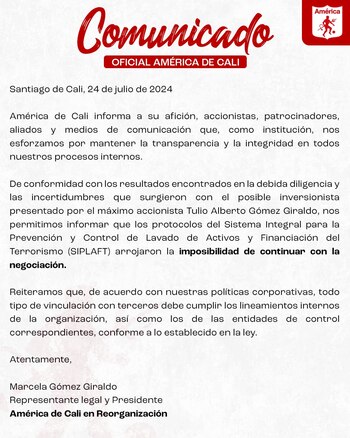 América informó que el nuevo