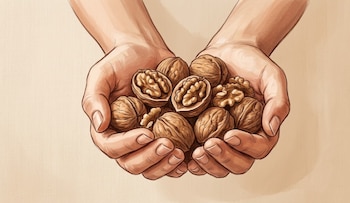 Ilustración de dos manos ahuecadas llenas de nueces; algunas están enteras con cáscara y otras partidas mostrando el fruto interno