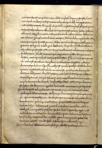 Página de un manuscrito antiguo con texto caligráfico en tinta marrón sobre papel amarillento, mostrando una sección de un himno. Borde oscuro a la izquierda
