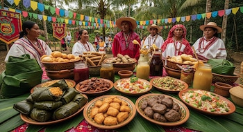 Mesa con platos típicos amazónicos, incluyendo juanes en hojas, tacacho, patarashca, ensalada, masato y aguajina. Personas con vestimenta tradicional y banderines festivos.
