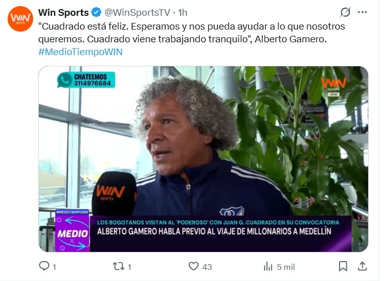 Alberto Gamero, director técnico de Millonarios, hablando con Win Sports sobre la inclusión de Juan Guillermo Cuadrado en la nómina de convocados para enfrentar a Independiente Medellín - crédito @winsportstv/X