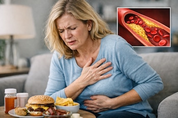 Mujer rubia de mediana edad con blusa azul se agarra el pecho y el abdomen con dolor. Hay comida rápida y una imagen de arteria con colesterol.