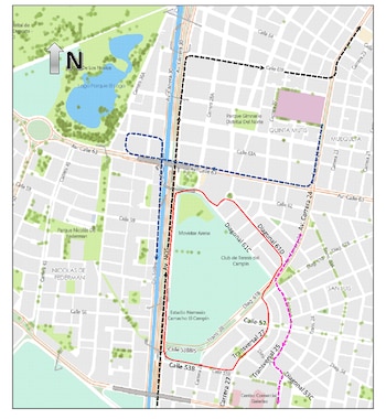 Mapa con trazados de desvío en líneas punteadas rojas y negras junto al Estadio Nemesio Camacho El Campín