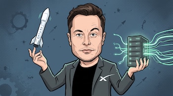 Caricatura de Elon Musk con chaqueta gris, un cohete blanco de SpaceX en la mano derecha y un bastidor de servidores en la mano izquierda.