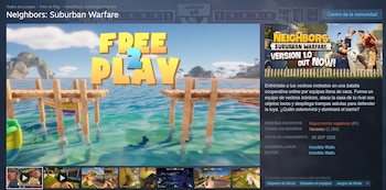 Interfaz de tienda digital con el anuncio del videojuego Neighbors: Suburban Warfare, capturas de pantalla e información técnica