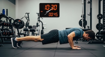 Un hombre en ropa deportiva realiza una flexión en el suelo de un gimnasio, con un reloj digital marcando las 10:30 PM y 00:45 de ejercicio en la pared de fondo.