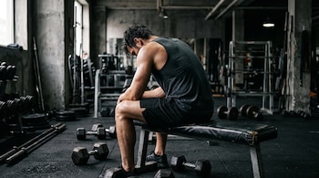 Un hombre con camiseta sin mangas y pantalón corto permanece sentado con la cabeza baja en un banco de gimnasio entre mancuernas.