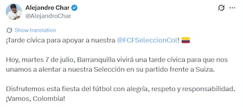 Barranquilla: Tarde cívica y fuerte operativo de seguridad para alentar a la Selección Colombia durante el partido frente a Suiza - crédito @alejandrochar / X