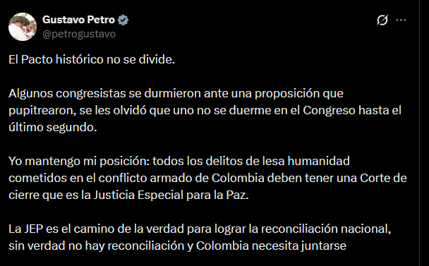 Gustavo Petro señaló que la JEP es el camino hacia la verdad para lograr la reconciliación en Colombia e hizo un llamado a la unidad - crédito @petrogustavo/X